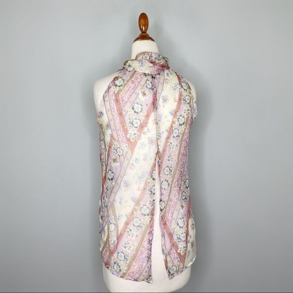 DREW Silk chiffon Multicolor Paisley Pussy Bow Tie Neck Snap Back Tank Size XS - Picture 5 of 10